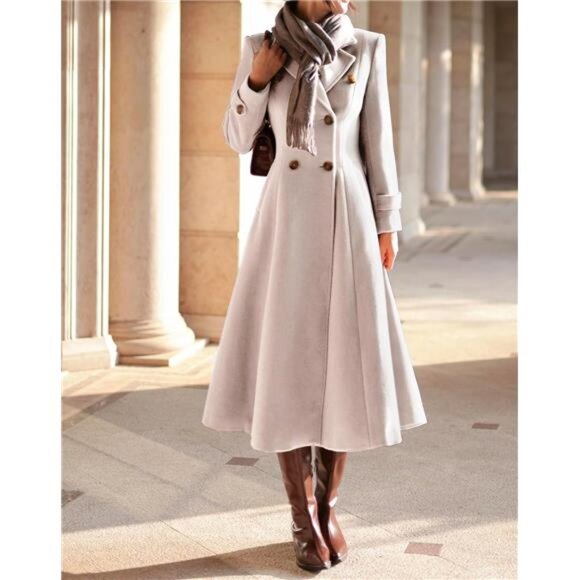 Womens Long Coat, Double Breasted Trench Coat Beige